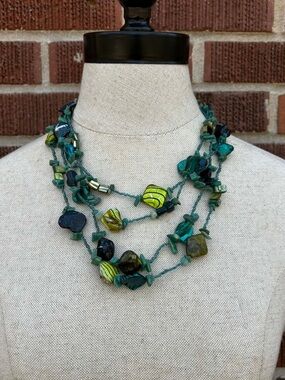 Multi-strand artisan bohemian necklace turquoise blue green multi media beads